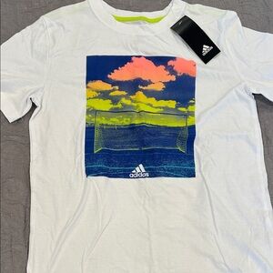 adidas White Tee with Neon Sky and Soccer Goal Graphic